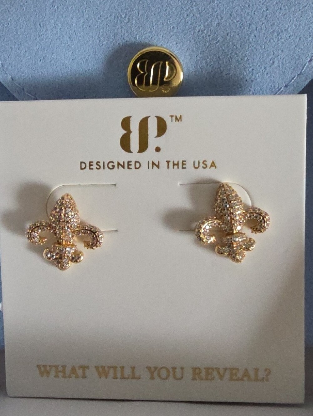 BP Gold Fleur-de-Lis Diamond CZ Stud Earrings - Gold Plating